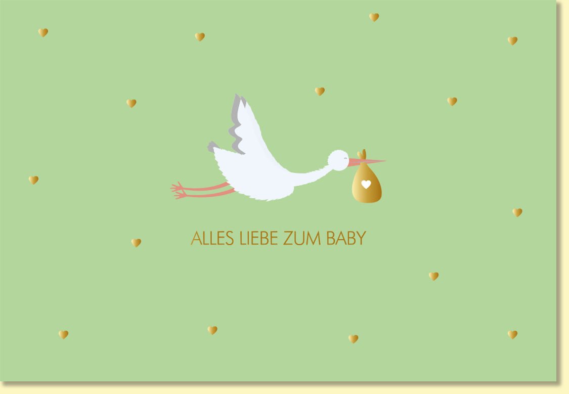 Glückwunschkarte zur Geburt mit Storch und Herzchen auf grünem Hintergrund alles Liebe zum Baby hochwertige Doppelkarte