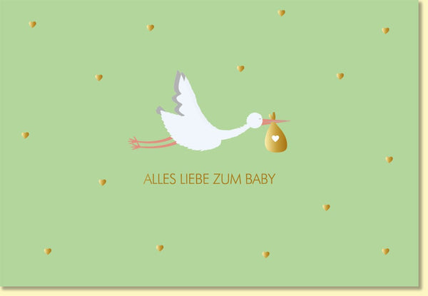 Glückwunschkarte zur Geburt mit Storch und Herzchen auf grünem Hintergrund alles Liebe zum Baby hochwertige Doppelkarte