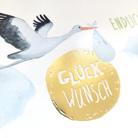 Glückwunschkarte zur Geburt mit Storch und Wolken liebevoll gestaltet neutrale Babykarte Endlich da für Jungen und Mädchen
