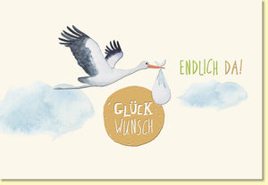 Glückwunschkarte zur Geburt mit Storch und Wolken liebevoll gestaltet neutrale Babykarte Endlich da für Jungen und Mädchen