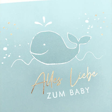 Glückwunschkarte zur Geburt mit Walmotiv in Blau liebevolle Babykarten für Jungen hochwertige Doppelkarte zur Geburt