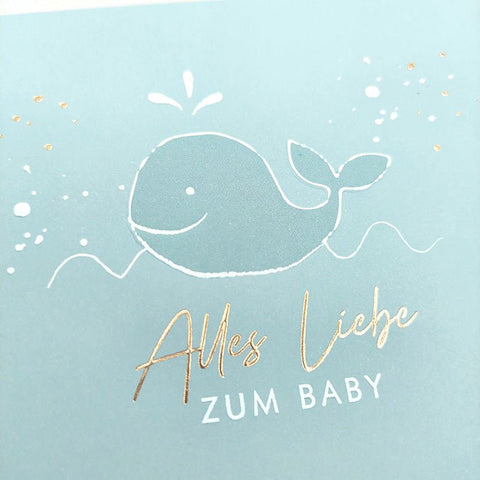 Glückwunschkarte zur Geburt mit Walmotiv in Blau liebevolle Babykarten für Jungen hochwertige Doppelkarte zur Geburt