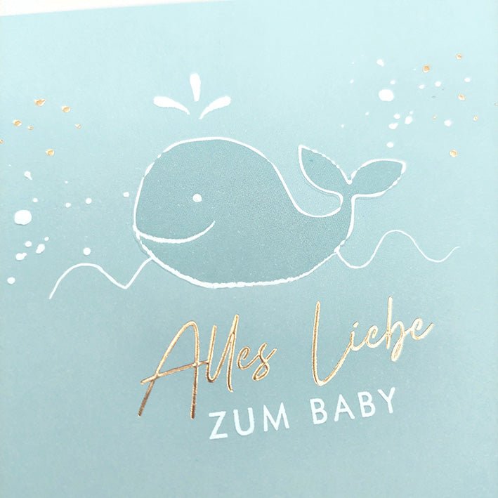 Glückwunschkarte zur Geburt mit Walmotiv in Blau liebevolle Babykarten für Jungen hochwertige Doppelkarte zur Geburt