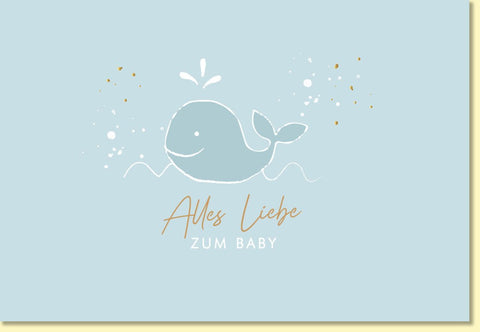 Glückwunschkarte zur Geburt mit Walmotiv in Blau liebevolle Babykarten für Jungen hochwertige Doppelkarte zur Geburt