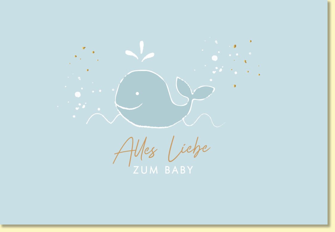 Glückwunschkarte zur Geburt mit Walmotiv in Blau liebevolle Babykarten für Jungen hochwertige Doppelkarte zur Geburt