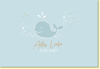 Glückwunschkarte zur Geburt mit Walmotiv in Blau liebevolle Babykarten für Jungen hochwertige Doppelkarte zur Geburt