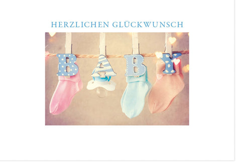 Glückwunschkarte zur Geburt - Neutrale Babykarte mit Socken, Schnuller & Strampler für Jungen & Mädchen, Perfekt für Babyshower
