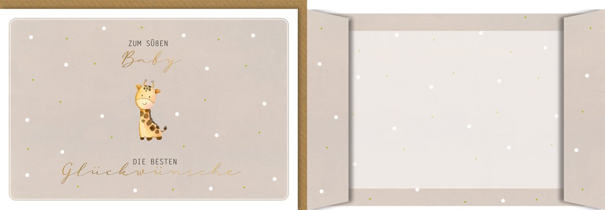 Glückwunschkarte zur Geburt – Niedliche Giraffe mit Goldschrift und Punktmuster