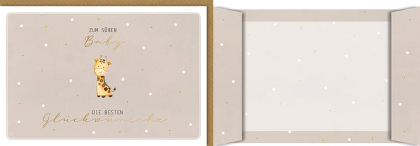 Glückwunschkarte zur Geburt – Niedliche Giraffe mit Goldschrift und Punktmuster