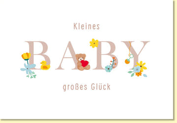 Glückwunschkarte zur Geburt niedliches Baby Motiv mit Teddybär und Blumen zarte Farben für Mädchen oder Jungen