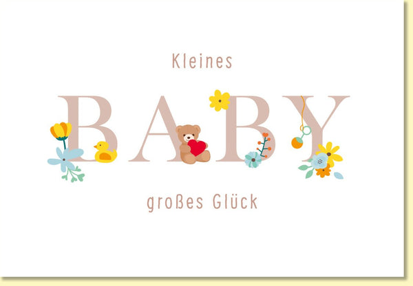 Glückwunschkarte zur Geburt niedliches Baby Motiv mit Teddybär und Blumen zarte Farben für Mädchen oder Jungen