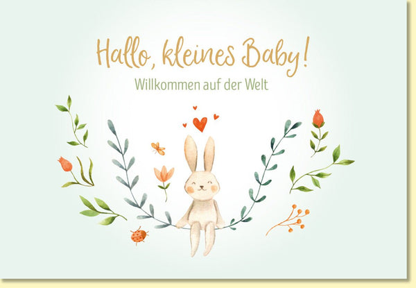 Glückwunschkarte zur Geburt niedliches Häschen mit Blumen und Herzen zarte Farben liebevoll gestaltet für Mädchen und Jungen