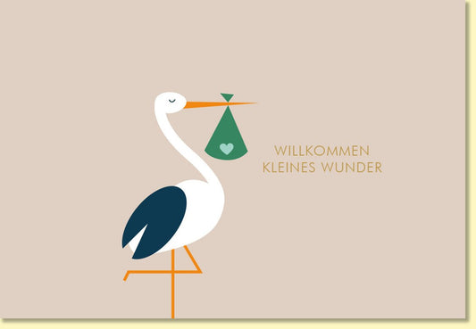 Glückwunschkarte zur Geburt Storch mit Baby Willkommen kleines Wunder moderne Doppelkarte für Neugeborene und frischgebackene Eltern