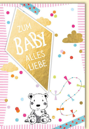 Glückwunschkarte zur Geburt - Süßes Bärchen mit Konfetti & Wolken, Perfekt für Babyshower & Neugeborene
