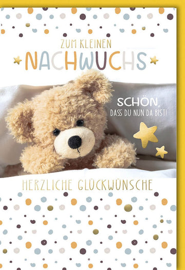 Glückwunschkarte zur Geburt - Teddybär Design in Gelb mit Polka Dots, Geschlechtsneutrales Babygeschenk für Eltern & Großeltern