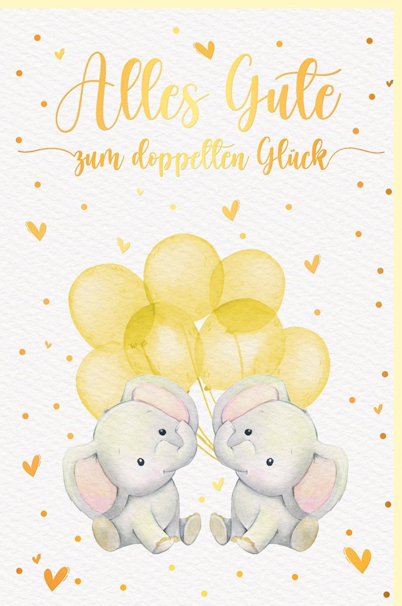 Glückwunschkarte zur Geburt von Zwillingen - Elefanten & Ballons in Gelb, Perfekt für Eltern & Großeltern, Herzliche Gratulation für Neugeborene Twins