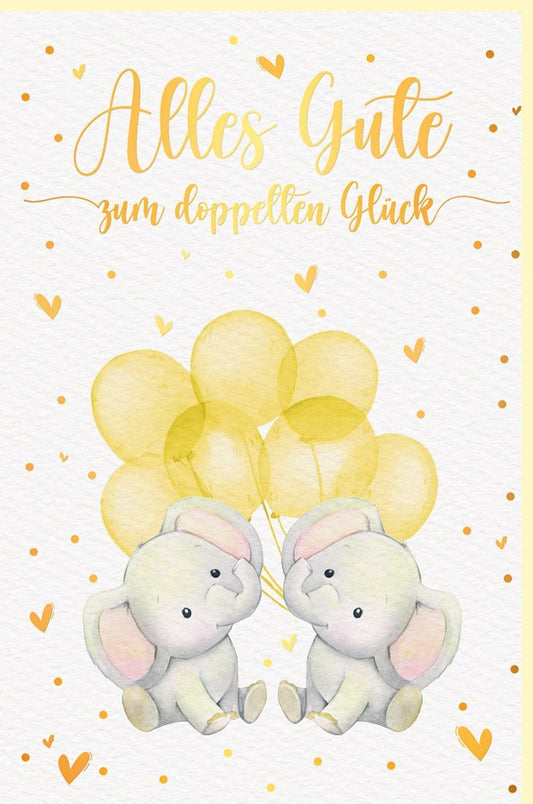 Glückwunschkarte zur Geburt von Zwillingen - Elefanten & Ballons in Gelb, Perfekt für Eltern & Großeltern, Herzliche Gratulation für Neugeborene Twins