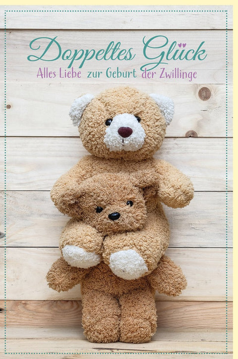 Glückwunschkarte zur Geburt von Zwillingen - Teddybären - Motiv in Holzoptik, Perfekt für Eltern und Freunde
