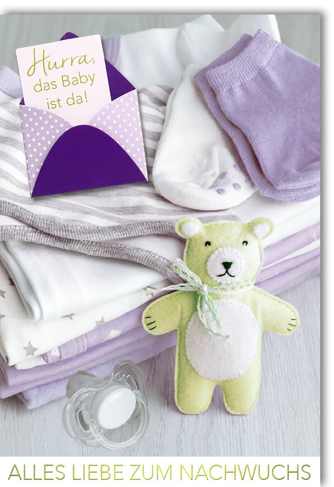 Glückwunschkarte zur Geburt - Willkommen Baby! Mit niedlichem Babysocken & Stofftier Design, Schnuller - Motiv für die Babyparty.
