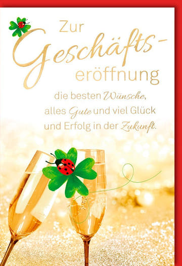 Glückwunschkarte zur Geschäftseröffnung - Elegante Karte mit Sektgläsern, Kleeblatt & Goldglitzer für Erfolg und Zukunft