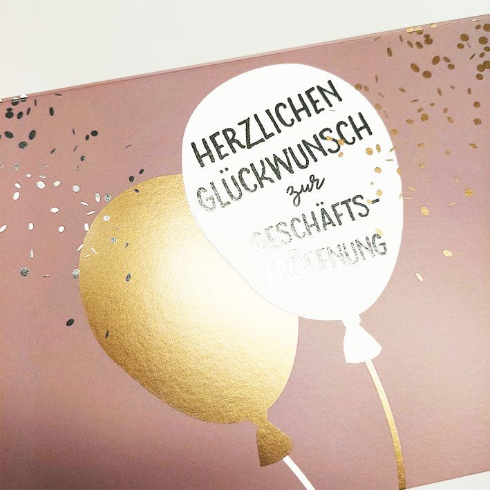 Glückwunschkarte zur Geschäftseröffnung mit goldenen Luftballons und modernem Design hochwertige Doppelkarte für neue Unternehmen