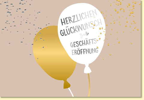 Glückwunschkarte zur Geschäftseröffnung mit goldenen Luftballons und modernem Design hochwertige Doppelkarte für neue Unternehmen