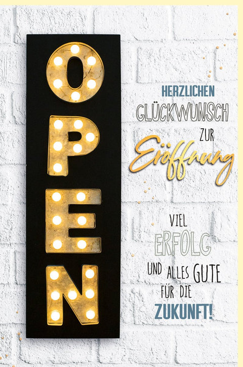 Glückwunschkarte zur Geschäftseröffnung mit leuchtendem OPEN Schild und modernem Design viel Erfolg und alles Gute für die Zukunft