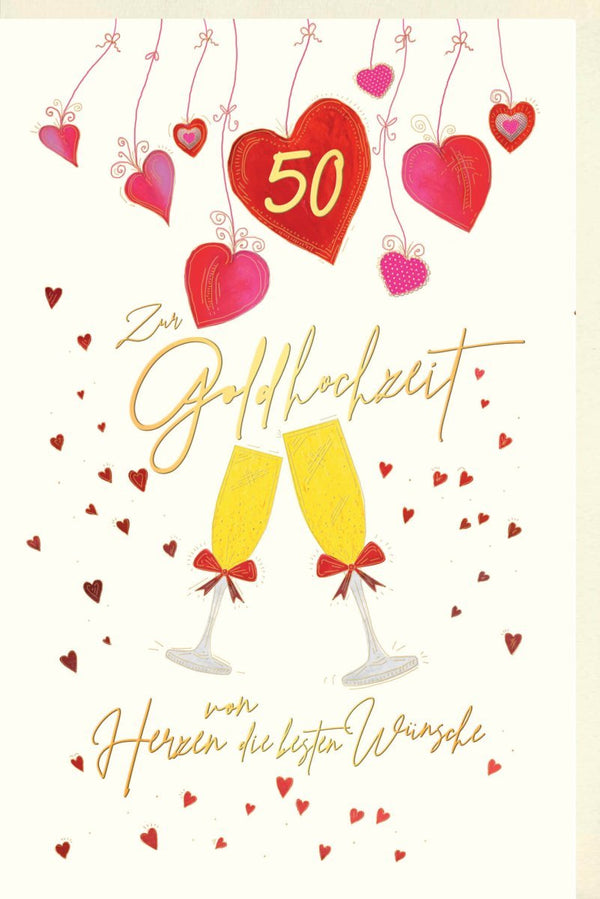 Glückwunschkarte zur Goldenen Hochzeit - Elegantes Design mit Sektgläsern & Herzen für das 50. Jubiläum