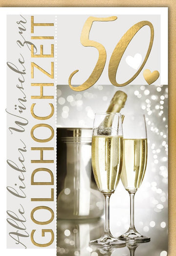 Glückwunschkarte zur goldenen Hochzeit: Herzmotiv & Sektgläser - Liebe Wünsche zum 50. Jubiläum