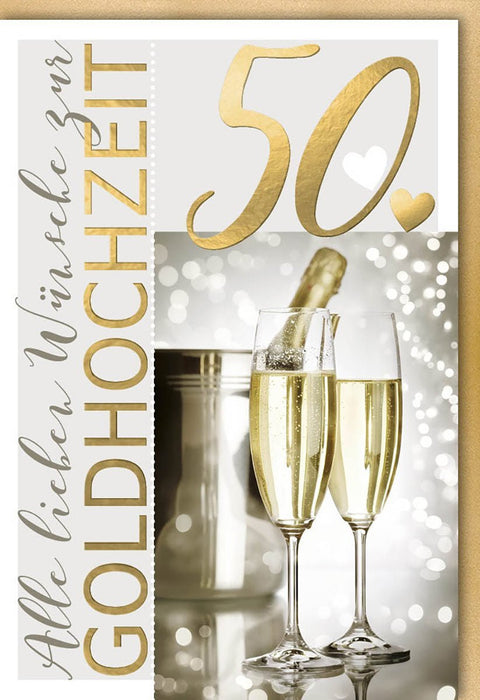 Glückwunschkarte zur goldenen Hochzeit: Herzmotiv & Sektgläser - Liebe Wünsche zum 50. Jubiläum