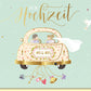 Glückwunschkarte zur Hochzeit mit Auto Motiv und Brautpaar MR & MRS edle Doppelkarte mit Tauben und Herzchen Hochzeitskarte
