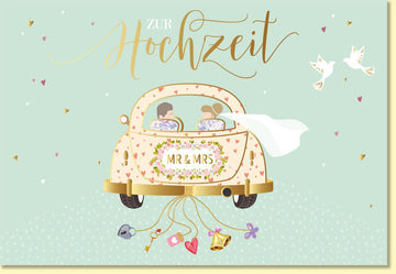 Glückwunschkarte zur Hochzeit mit Auto Motiv und Brautpaar MR & MRS edle Doppelkarte mit Tauben und Herzchen Hochzeitskarte