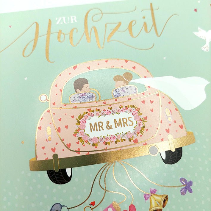 Glückwunschkarte zur Hochzeit mit Auto Motiv und Brautpaar MR & MRS edle Doppelkarte mit Tauben und Herzchen Hochzeitskarte