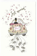 Glückwunschkarte zur Hochzeit mit Auto und Brautpaar Just Married romantische Hochzeitskarte mit Herzen und Dosen für frisch Vermählte