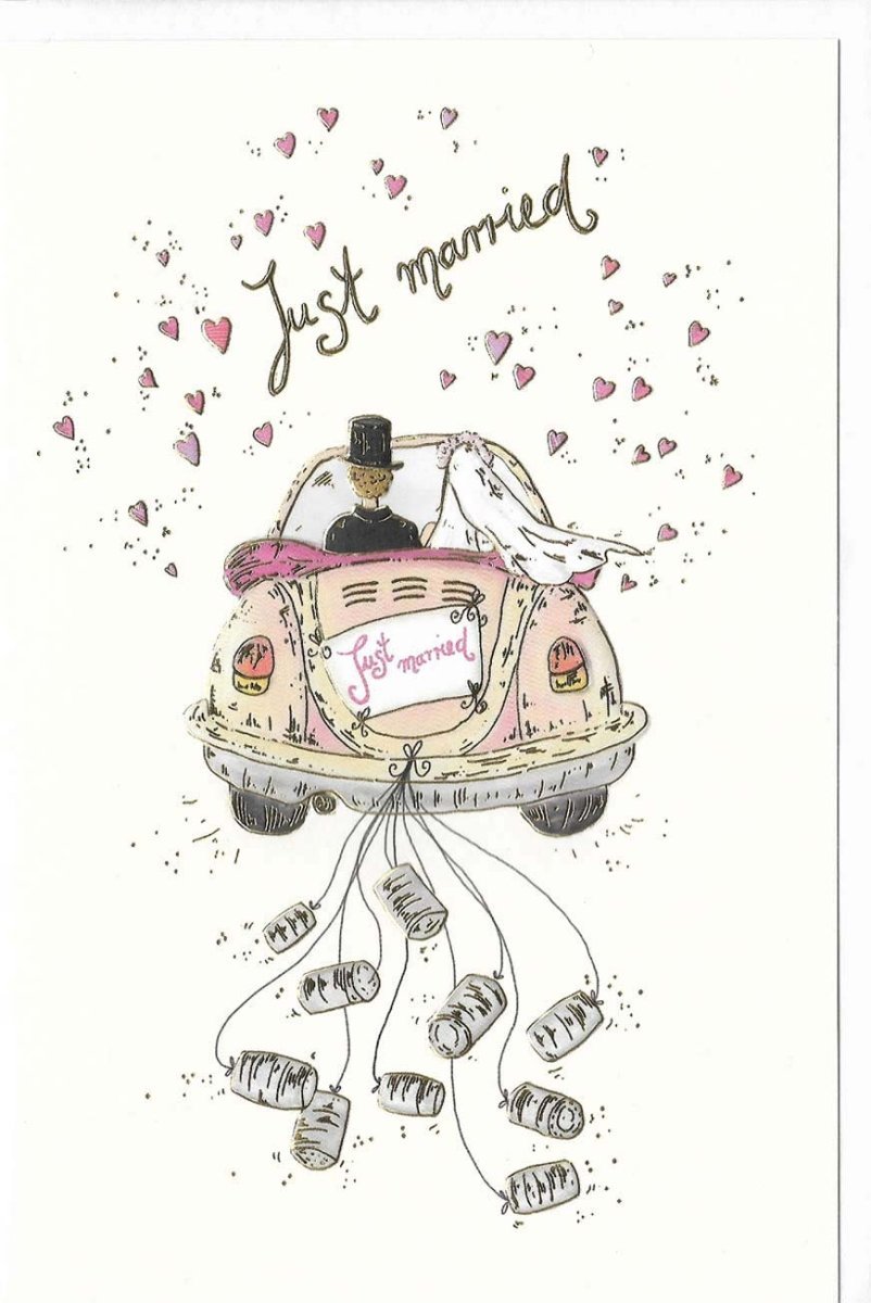Glückwunschkarte zur Hochzeit mit Auto und Brautpaar Just Married romantische Hochzeitskarte mit Herzen und Dosen für frisch Vermählte