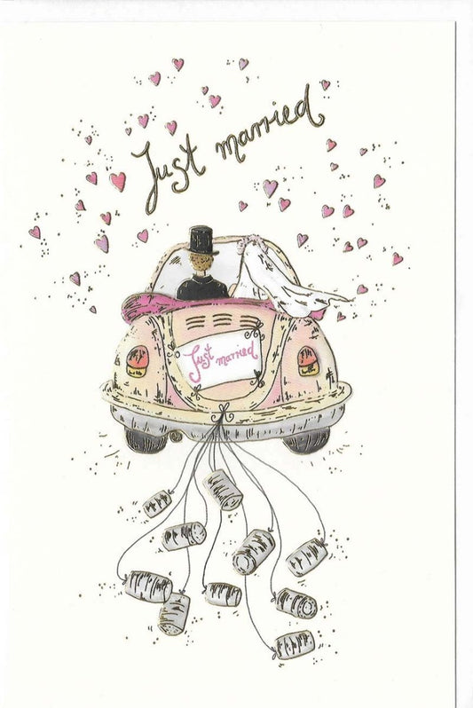 Glückwunschkarte zur Hochzeit mit Auto und Brautpaar Just Married romantische Hochzeitskarte mit Herzen und Dosen für frisch Vermählte