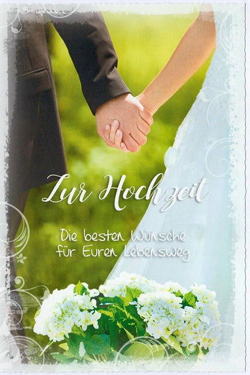 Glückwunschkarte zur Hochzeit mit Brautpaar Hand in Hand und Blumenstrauß edle Doppelkarte für Hochzeitsglückwünsche stilvolle Doppelkarte