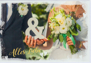 Glückwunschkarte zur Hochzeit mit Brautpaar und Blumenstrauß edles Design Alles Liebe Doppelkarte für Hochzeitswünsche