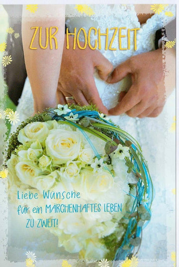 Glückwunschkarte zur Hochzeit mit Brautpaar und Blumenstrauß romantische Hochzeitskarte liebevolle Wünsche Märchenhochzeit