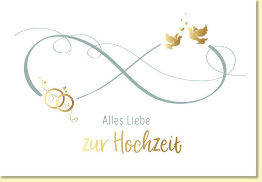 Glückwunschkarte zur Hochzeit mit goldenen Ringen und Tauben edles Design Doppelkarte für Hochzeitsglückwünsche stilvolle Hochzeitskarte