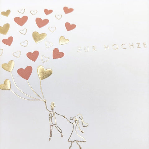 Glückwunschkarte zur Hochzeit mit goldenen und rosa Herzen edles Design romantische Hochzeitskarte für das Brautpaar stilvolle Doppelkarte