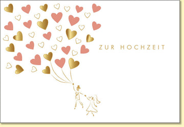Glückwunschkarte zur Hochzeit mit goldenen und rosa Herzen edles Design romantische Hochzeitskarte für das Brautpaar stilvolle Doppelkarte