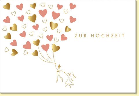 Glückwunschkarte zur Hochzeit mit goldenen und rosa Herzen edles Design romantische Hochzeitskarte für das Brautpaar stilvolle Doppelkarte