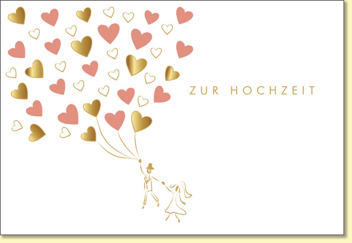 Glückwunschkarte zur Hochzeit mit goldenen und rosa Herzen edles Design romantische Hochzeitskarte für das Brautpaar stilvolle Doppelkarte