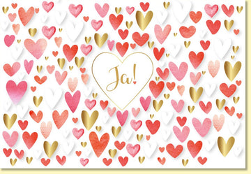 Glückwunschkarte zur Hochzeit mit goldenen und roten Herzen romantische Doppelkarte Ja Schriftzug edle Hochzeitskarte Liebe