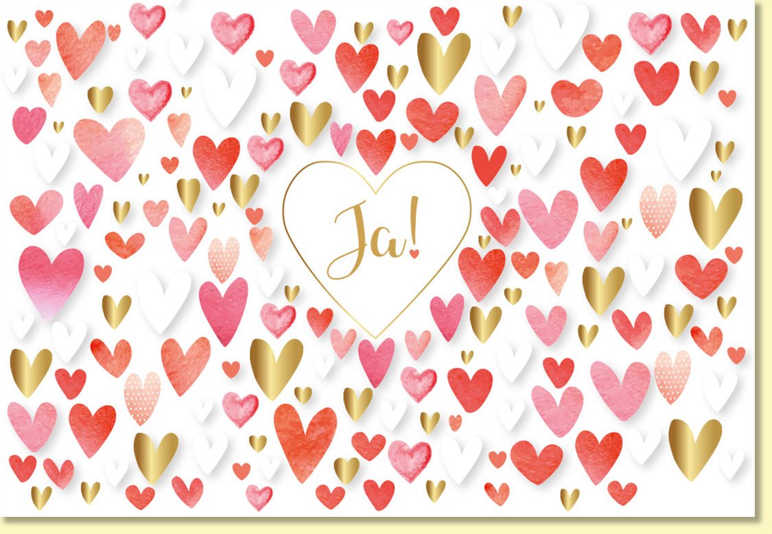 Glückwunschkarte zur Hochzeit mit goldenen und roten Herzen romantische Doppelkarte Ja Schriftzug edle Hochzeitskarte Liebe