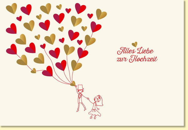 Glückwunschkarte zur Hochzeit mit Herzballons und Brautpaar liebevoll gestaltete Hochzeitskarte für romantische Glückwünsche zur Trauung