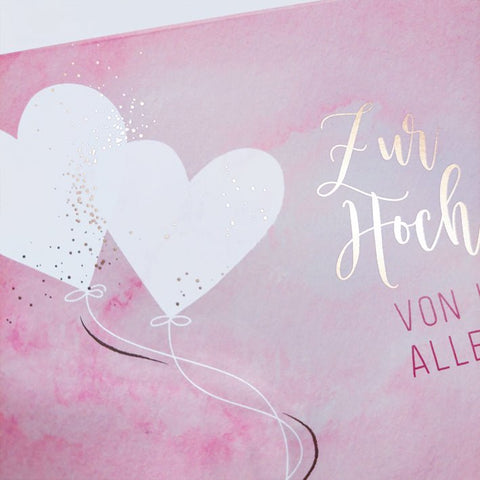 Glückwunschkarte zur Hochzeit mit Herzen und Ballons auf rosa Aquarell Hintergrund edle Doppelkarte für Hochzeitsglückwünsche