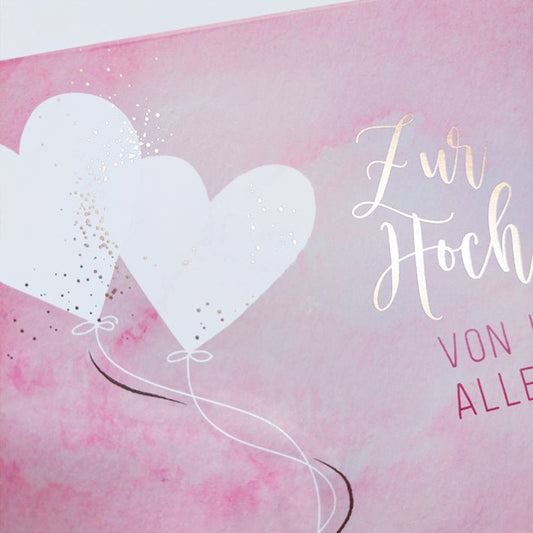 Glückwunschkarte zur Hochzeit mit Herzen und Ballons auf rosa Aquarell Hintergrund edle Doppelkarte für Hochzeitsglückwünsche