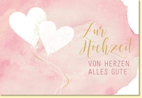Glückwunschkarte zur Hochzeit mit Herzen und Ballons auf rosa Aquarell Hintergrund edle Doppelkarte für Hochzeitsglückwünsche